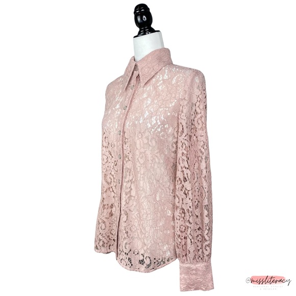 Halogen x Atlantic-Pacific Nordstrom Women’s Blush Pink Sheer Floral Lace Blouse - Picture 4 of 15